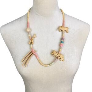 Vintage 70’s 60’s Pastel Natural Wood Bead African Safari Animal 3D Necklace